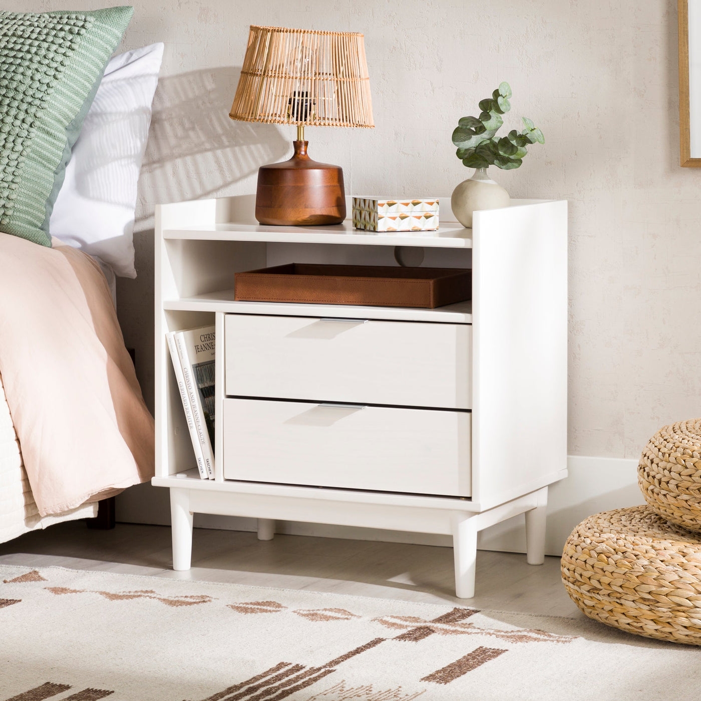 Mid-Century Modern Solid Wood 2-Drawer Nightstand – White - Image 0
