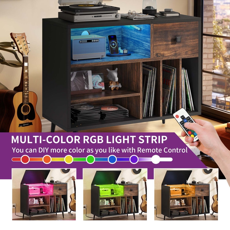 Midkiff Record Player Storage Cabinet Table Stand with Power Outlets & LED Light - Image 6