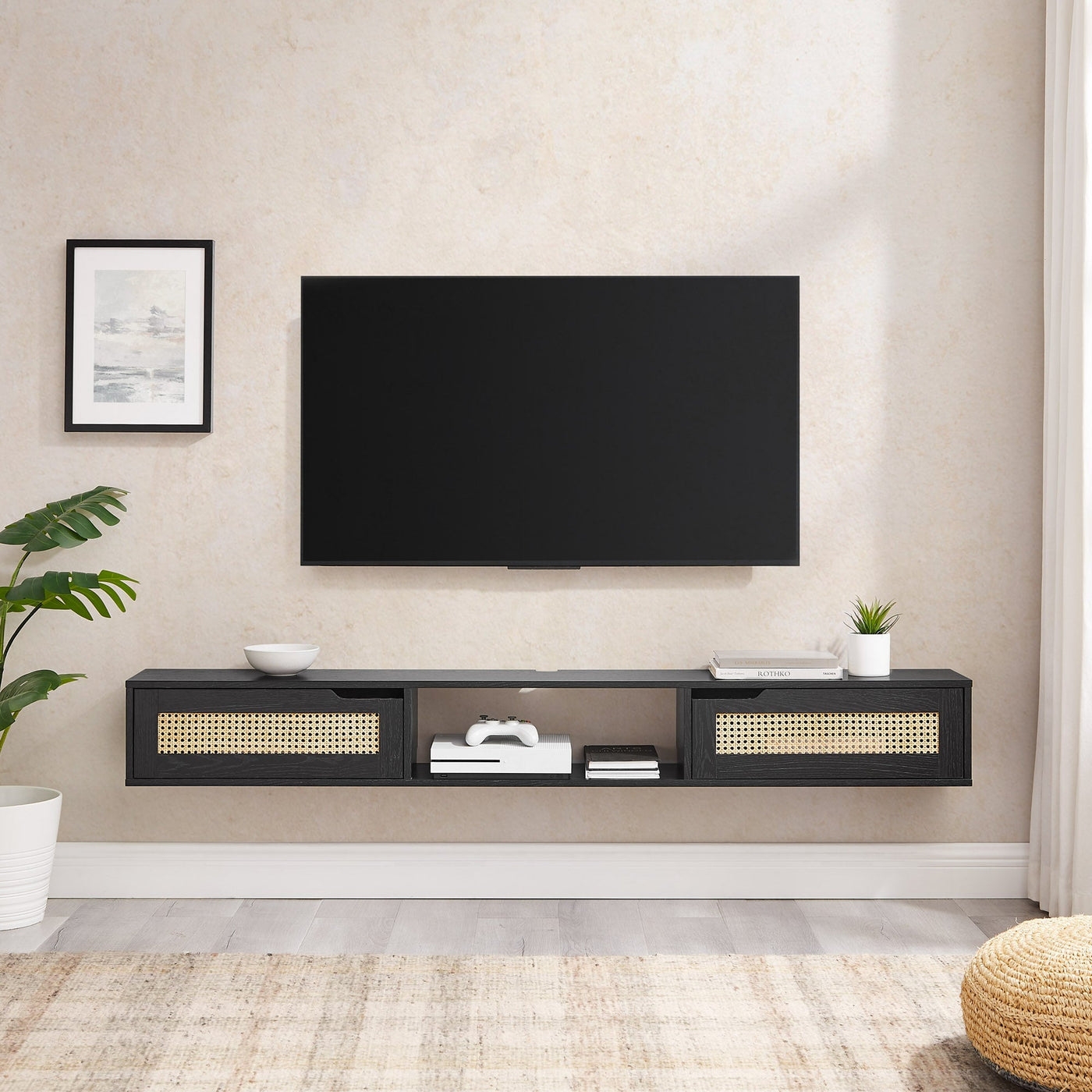 70" Floating TV Stand with Rattan Doors - Black - Image 0