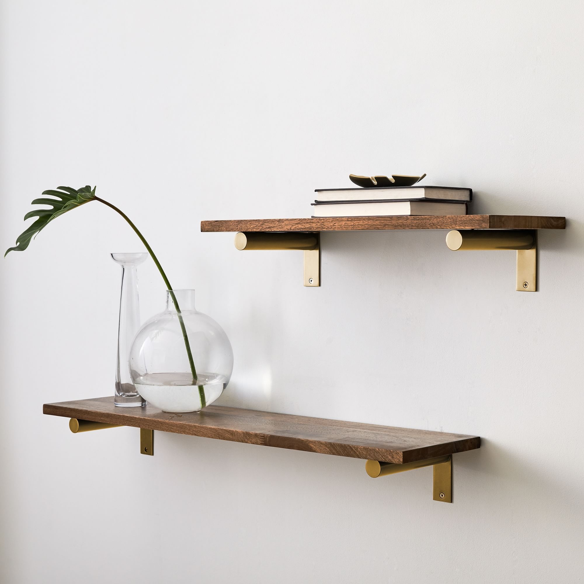 Linear Burnt Wax Wood Shelf 3FT, Jordan Brackets in Antique Brass - Image 0