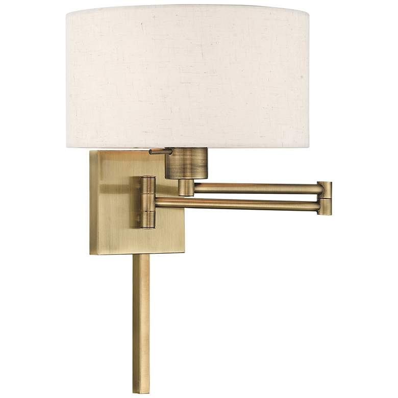 Antique Brass Swing Arm Wall Lamp with Oatmeal Drum Shade - Image 2