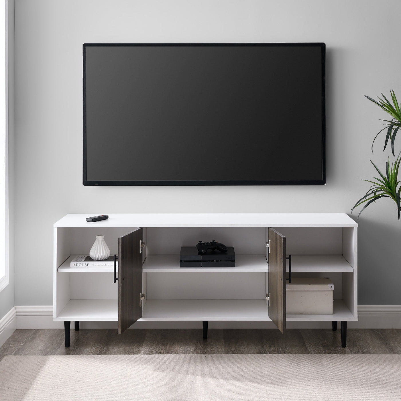 Modern Faux-Bookmatch 2-Door TV Stand for TVs up to 65” – Ash Brown Bookmatch/Solid White - Image 2