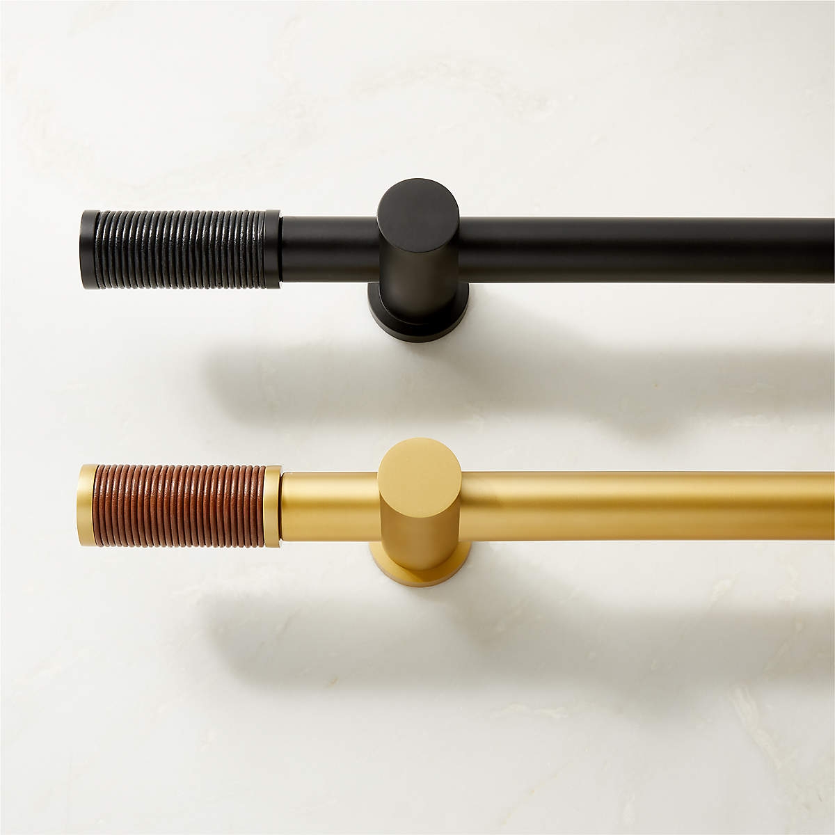 Silvio Brushed Brass Curtain Rod with Congnac Leather Finial 48''x88'' - Image 1
