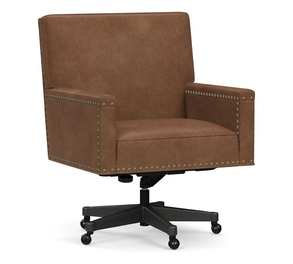 Tyler Leather Swivel Desk Chair, Bronze Base, Statesville Toffee - Image 0