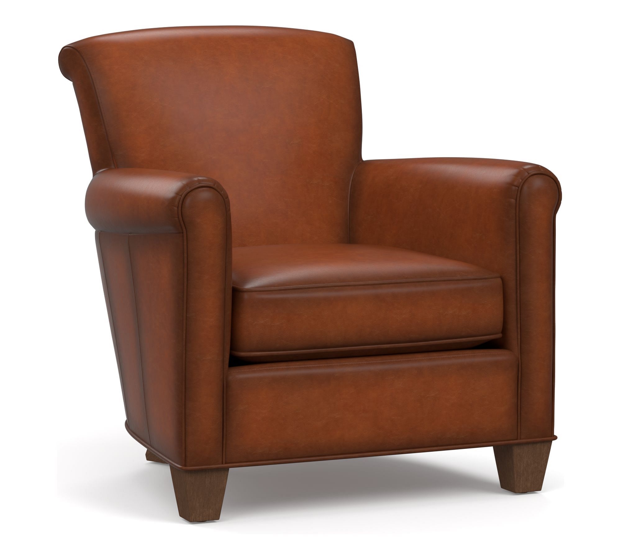 Irving Roll Arm Leather Armchair, Polyester Wrapped Cushions, Leather Burnished Saddle - Image 0