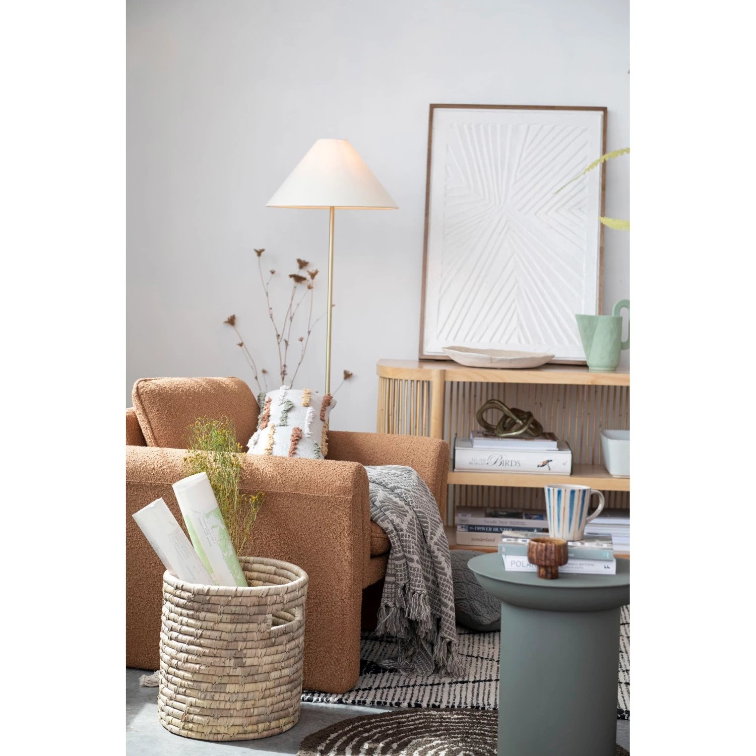 Metal Floor Lamp w/ Linen Shade & Inline Switch, Brass Finish - Image 1