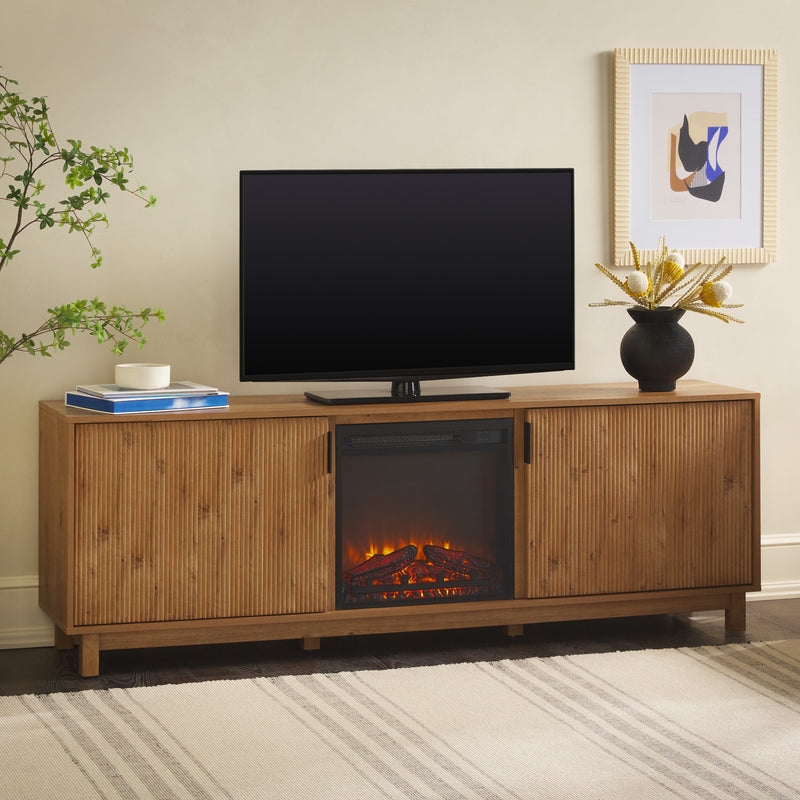 Modern 70" TV Stand with Freestanding Electric Fireplace - English Oak - Image 0