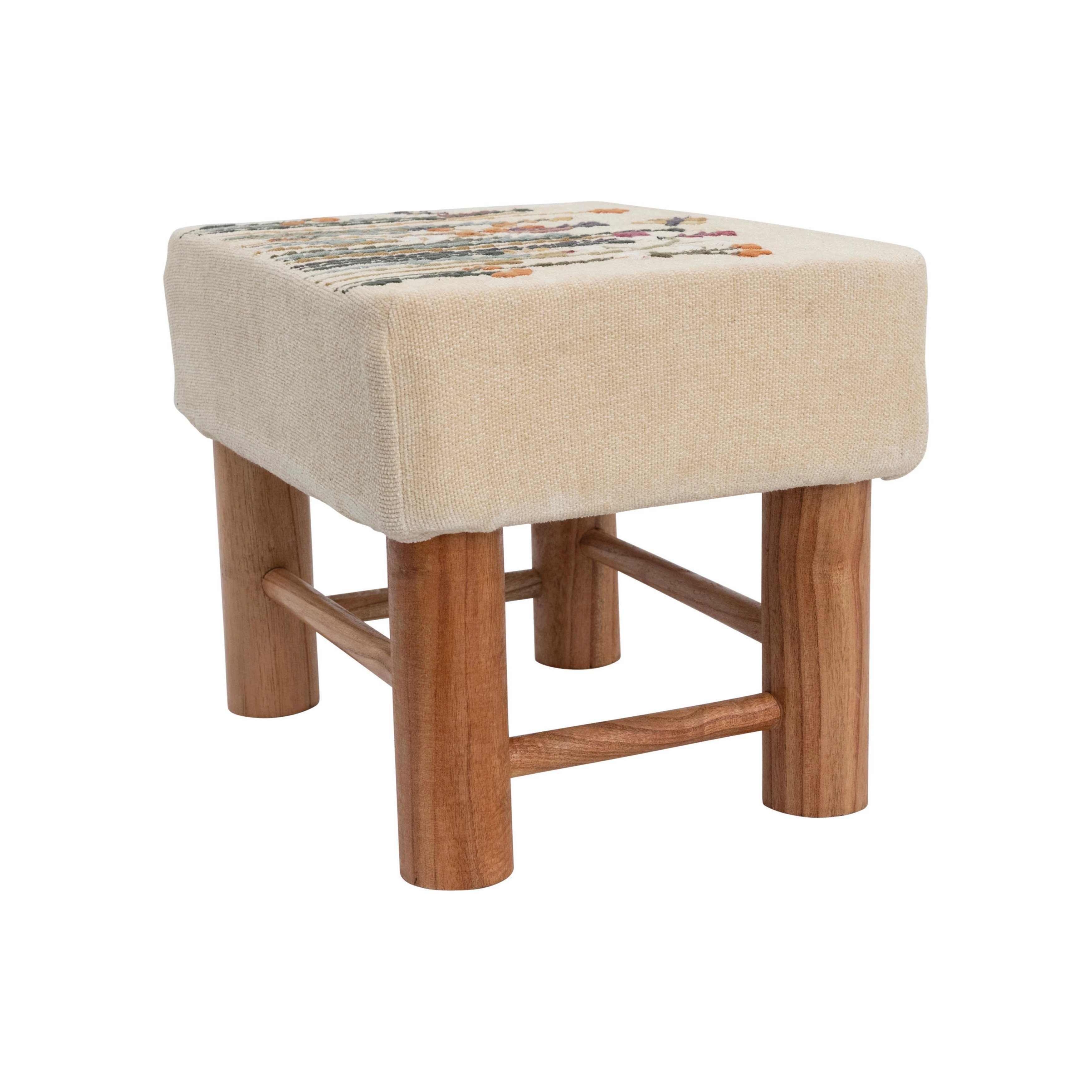 Cotton Upholstered Stool with Floral Embroidery and Pine Wood Legs, Natural - Image 3