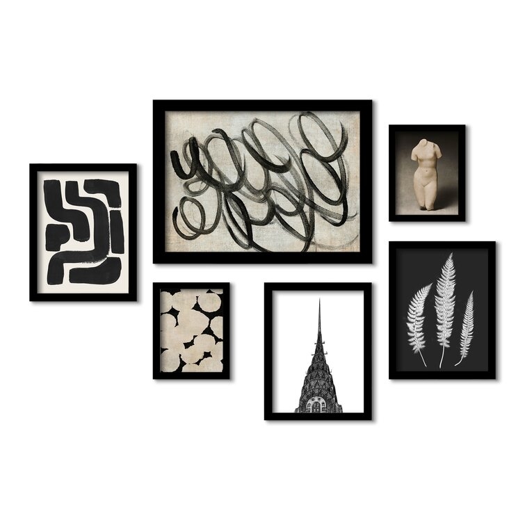 Monochromatic Ink Maze Building Scribble - 6 Piece Picture Frame Print Set on Paper BLACK FRAME - Image 1