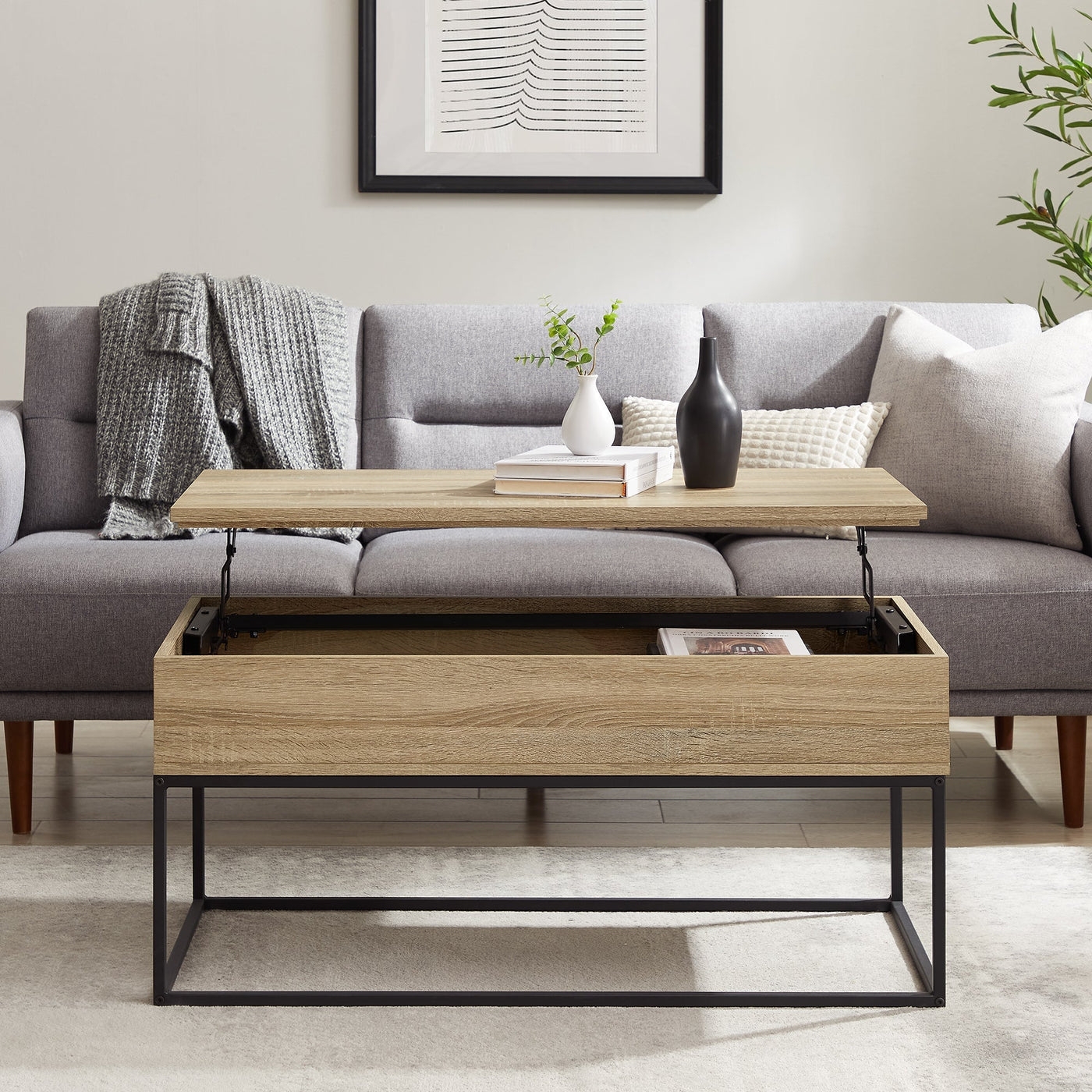 Modern 40 Wood and Metal Lift Top Coffee Table - Image 1