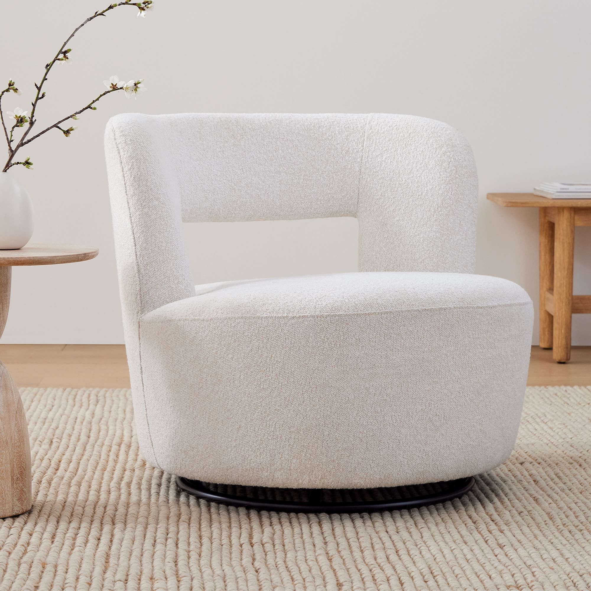 Millie Swivel Chair, Poly, Chunky Boucle, White, Concealed Supports - Image 10