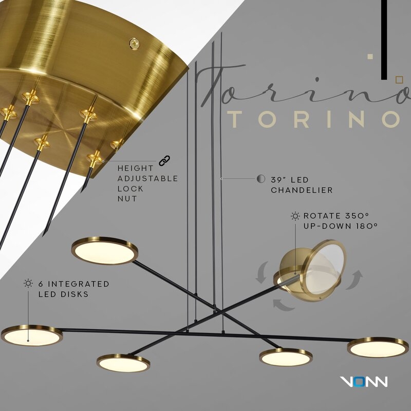 Torino 39-in Linear Pendant Height Adjustable ETL Certified LED Chandelier, 6 Rotating LED Disks - Image 6