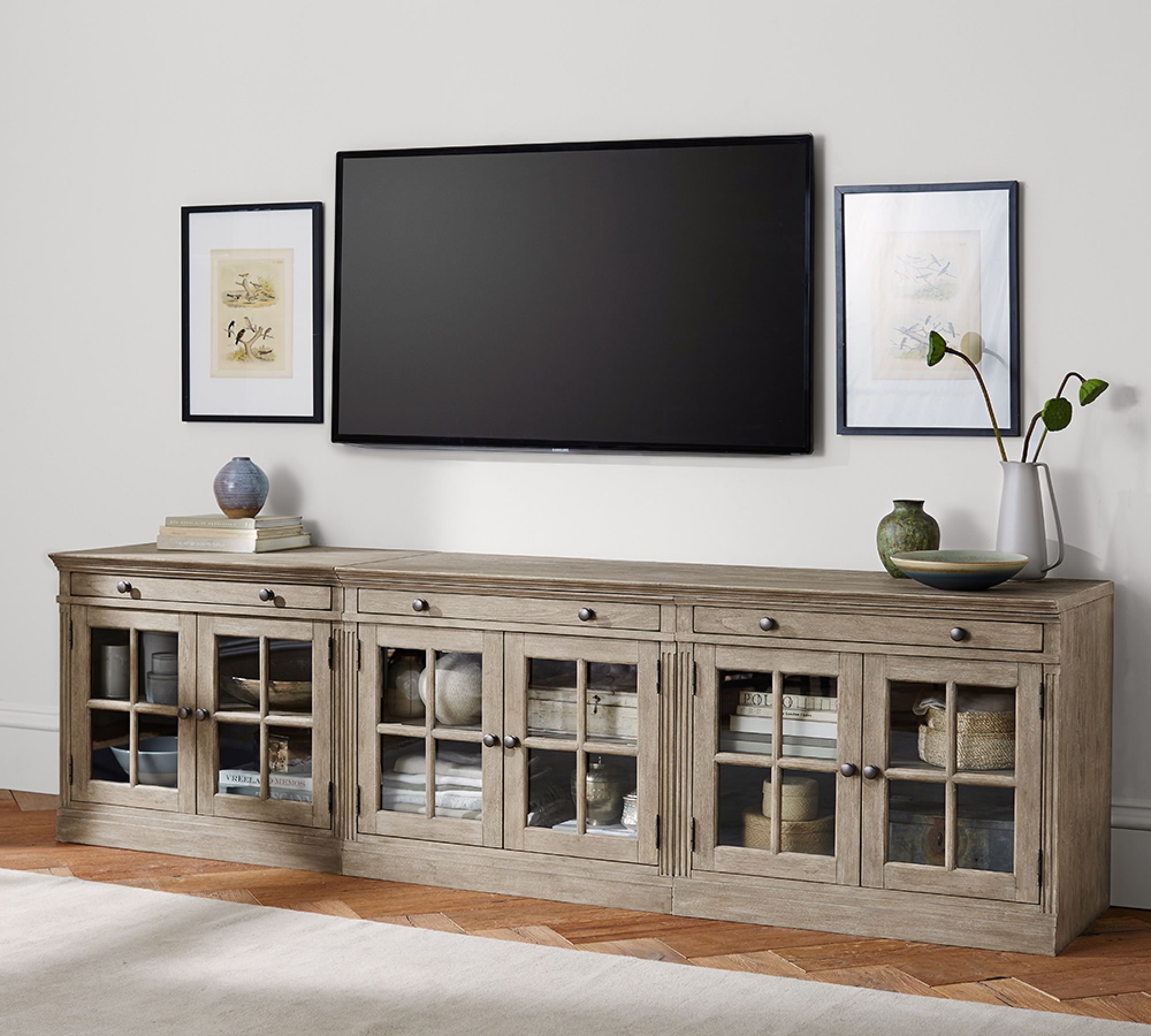Livingston 105" Media Console with Glass Door Cabinets, Gray Wash - Image 1