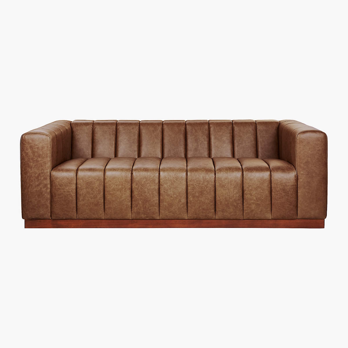 Forte 81" Channeled Saddle Leather Sofa with Walnut Base - Image 0