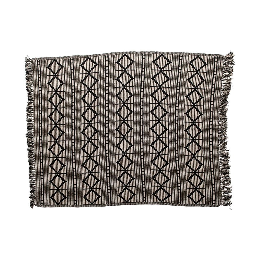 Black & Beige Woven Cotton Blend Throw Blanket with Fringe - Image 3