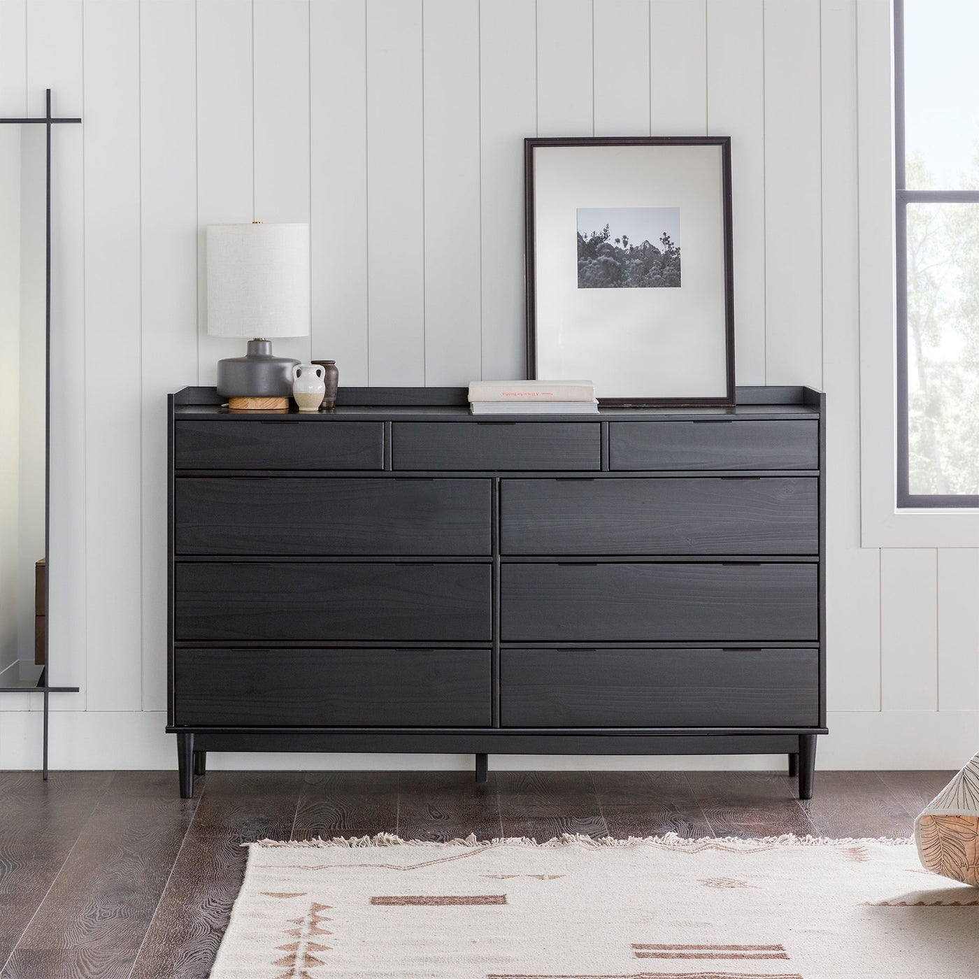 Mid-Century Modern Solid Wood 9-Drawer Dresser – Black - Image 0