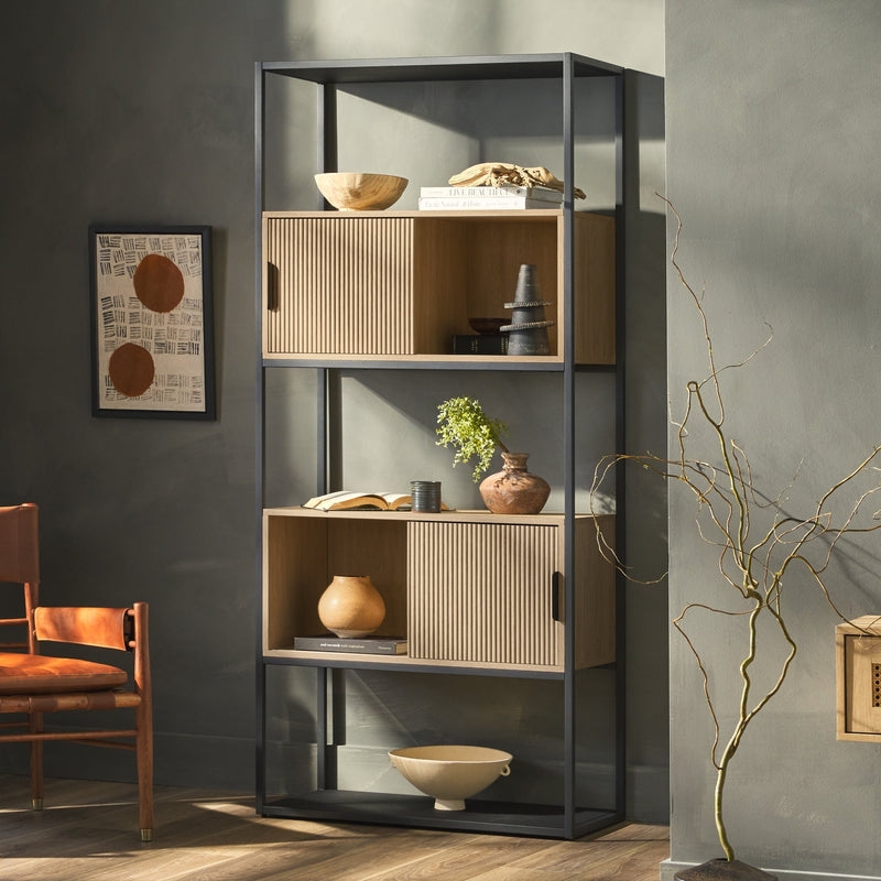 Tall Bookcase with Closed and Open Storage - Coastal Oak/ Black - Image 1