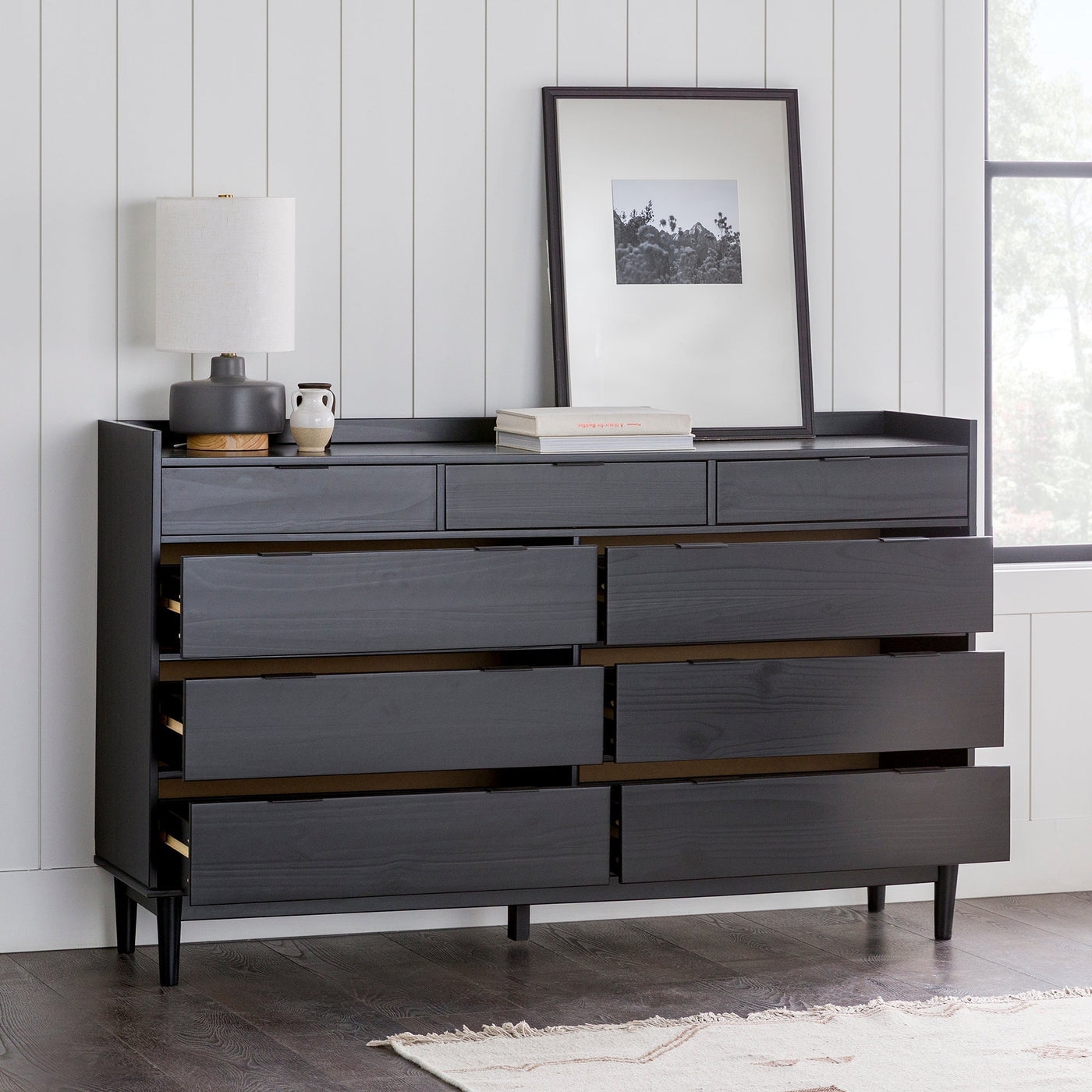 Mid-Century Modern Solid Wood 9-Drawer Dresser – Black - Image 1