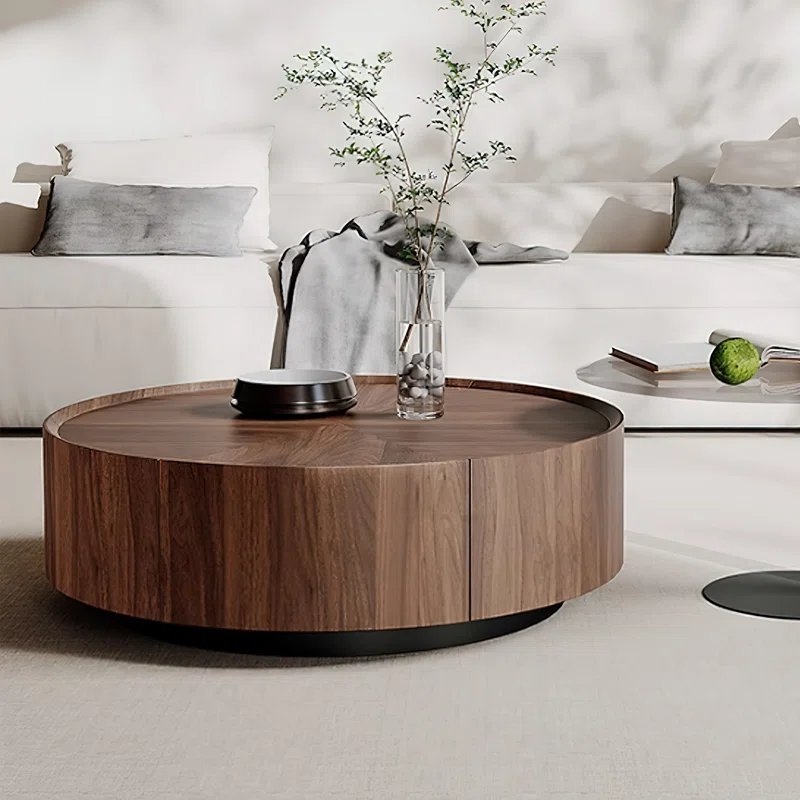 Kemberton Walnut Round Coffee Table with Storage Drawers Black Base - Image 2
