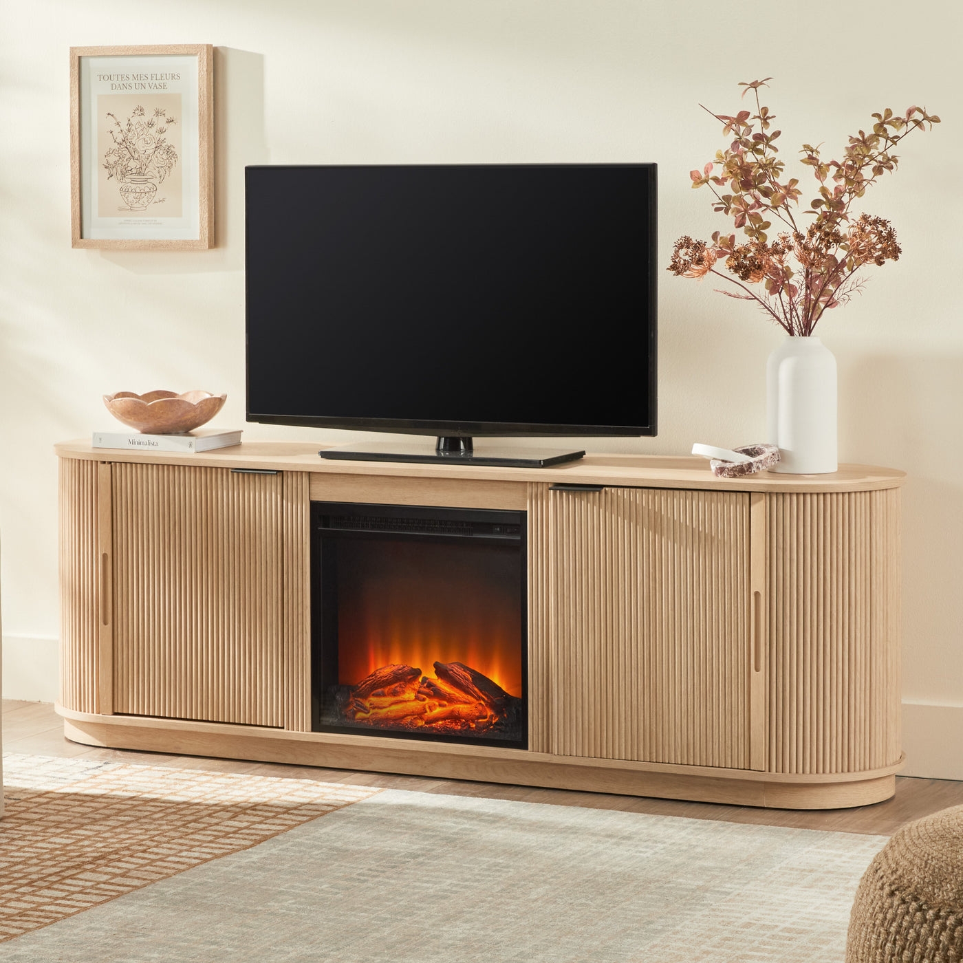 Modern Reeded 70” Fireplace TV Stand - Coastal Oak - Image 0