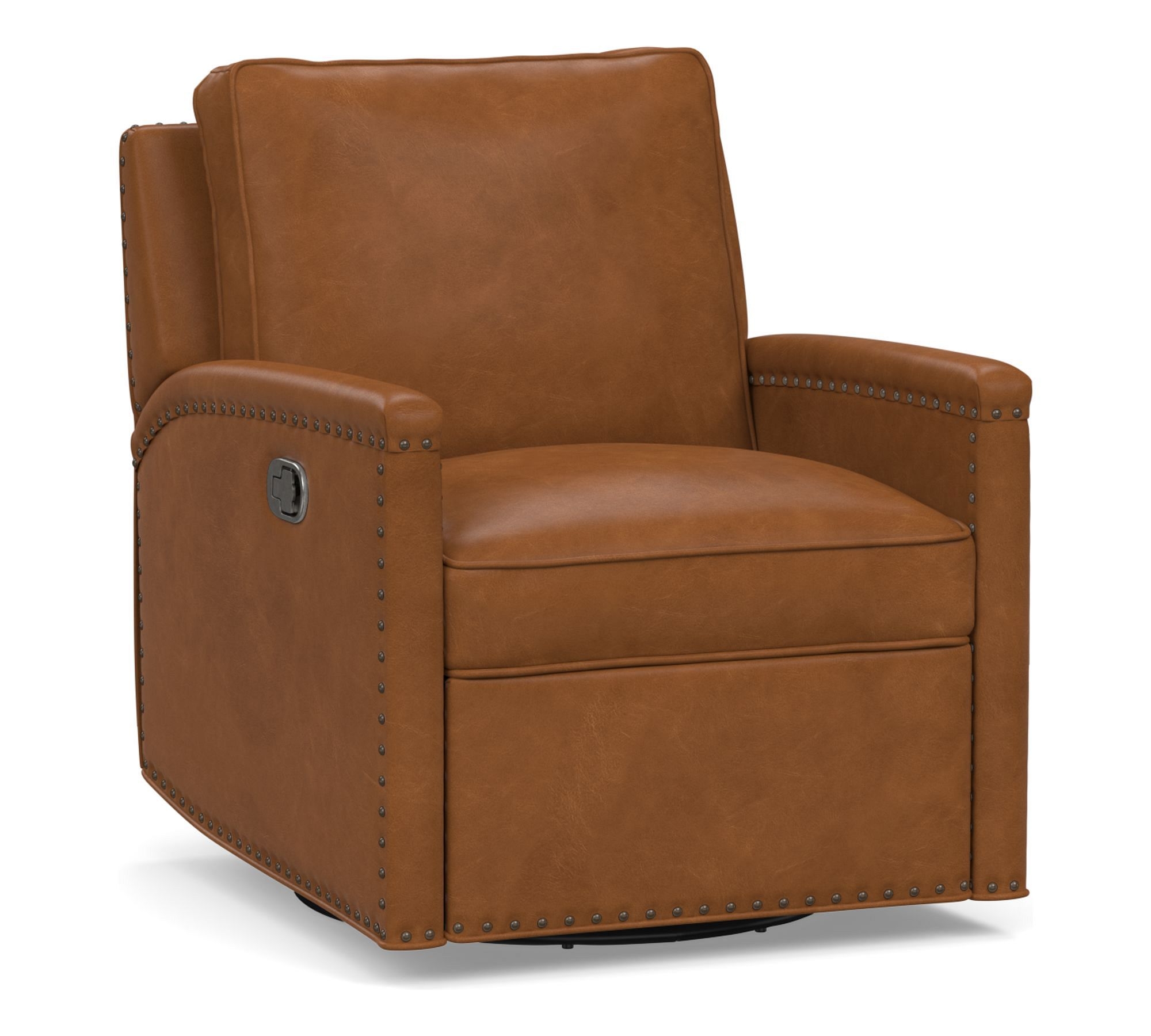 Tyler Square Arm Leather Swivel Recliner with Nailheads, Down Blend Wrapped Cushions, Vintage Caramel - Image 0