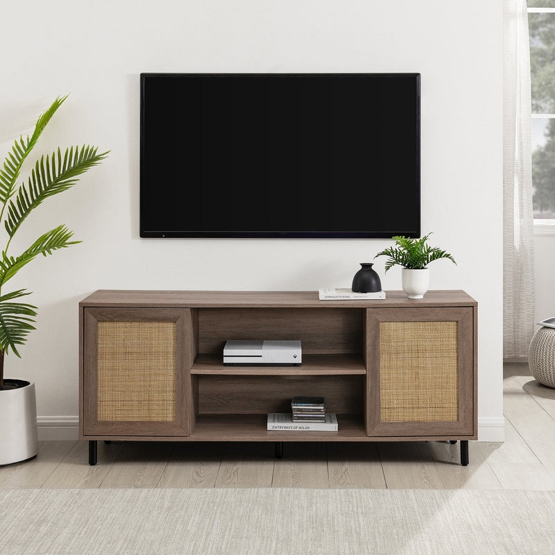 58" 2 Door Wood and Rattan TV Stand - Driftwood - Image 0