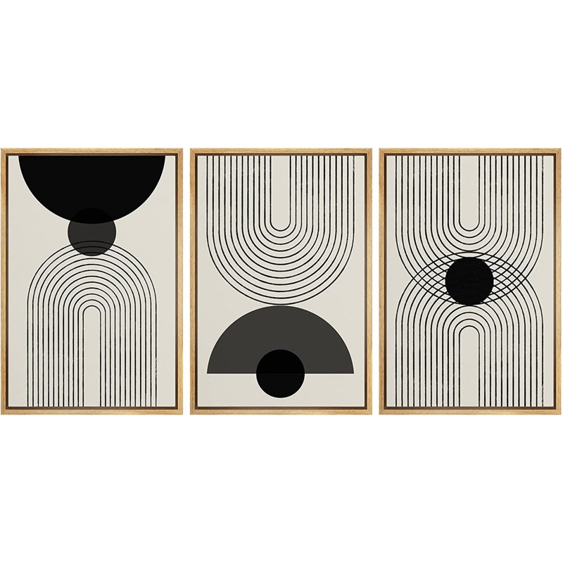 Modern Abstract Wall Art Black Semi-Circle An Line Parabola Framed Art - 3 Piece Floater Frame Print Set on Canvas - Image 1