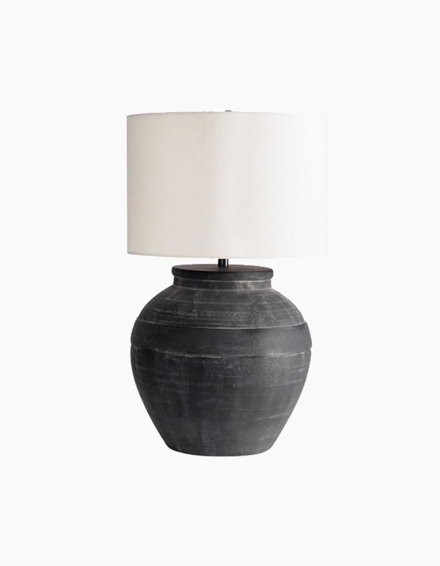 Faris Ceramic 21" Table Lamp, Matte Black Base with Large Textured Shade, Ivory - Image 0