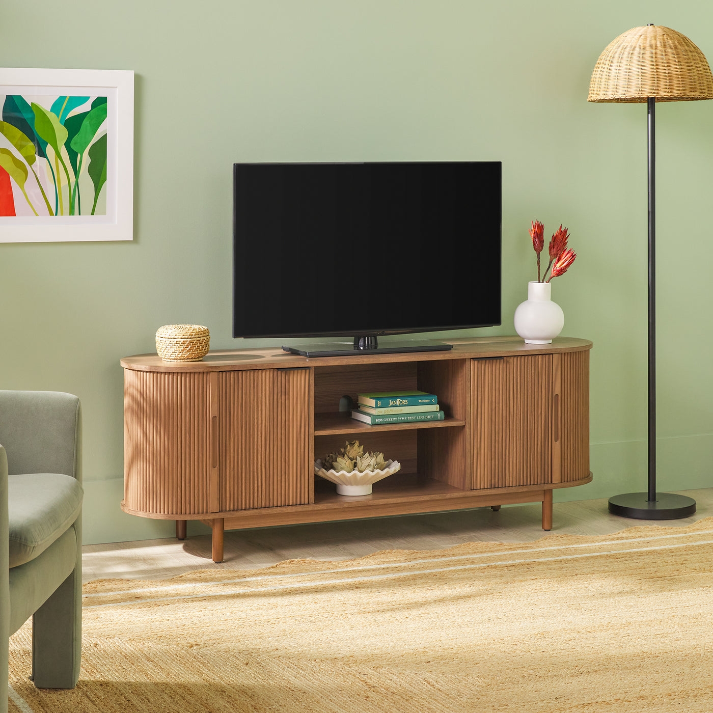 Modern Reeded 60” TV Stand with Open Storage - Mocha - Image 0