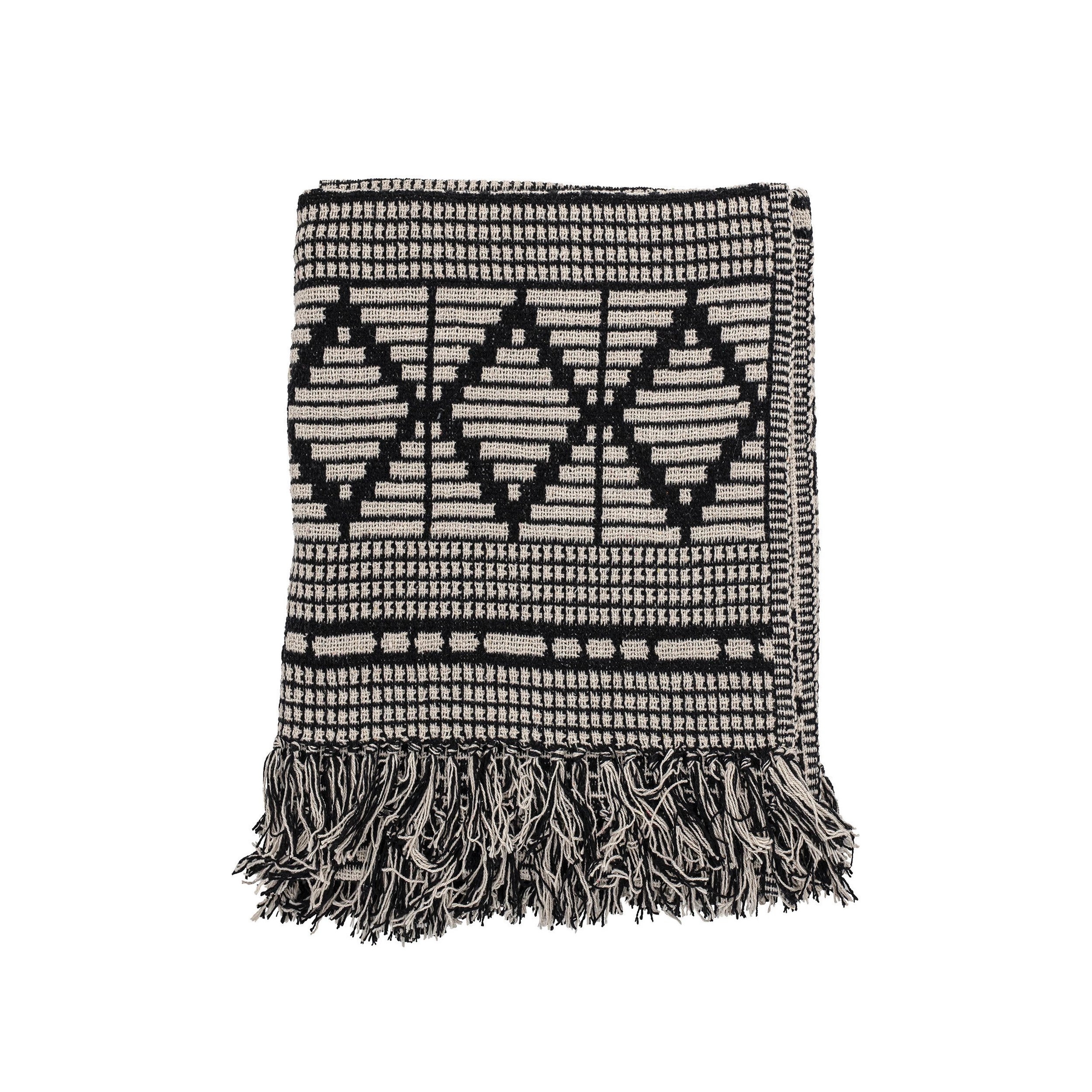 Black & Beige Woven Cotton Blend Throw Blanket with Fringe - Image 4