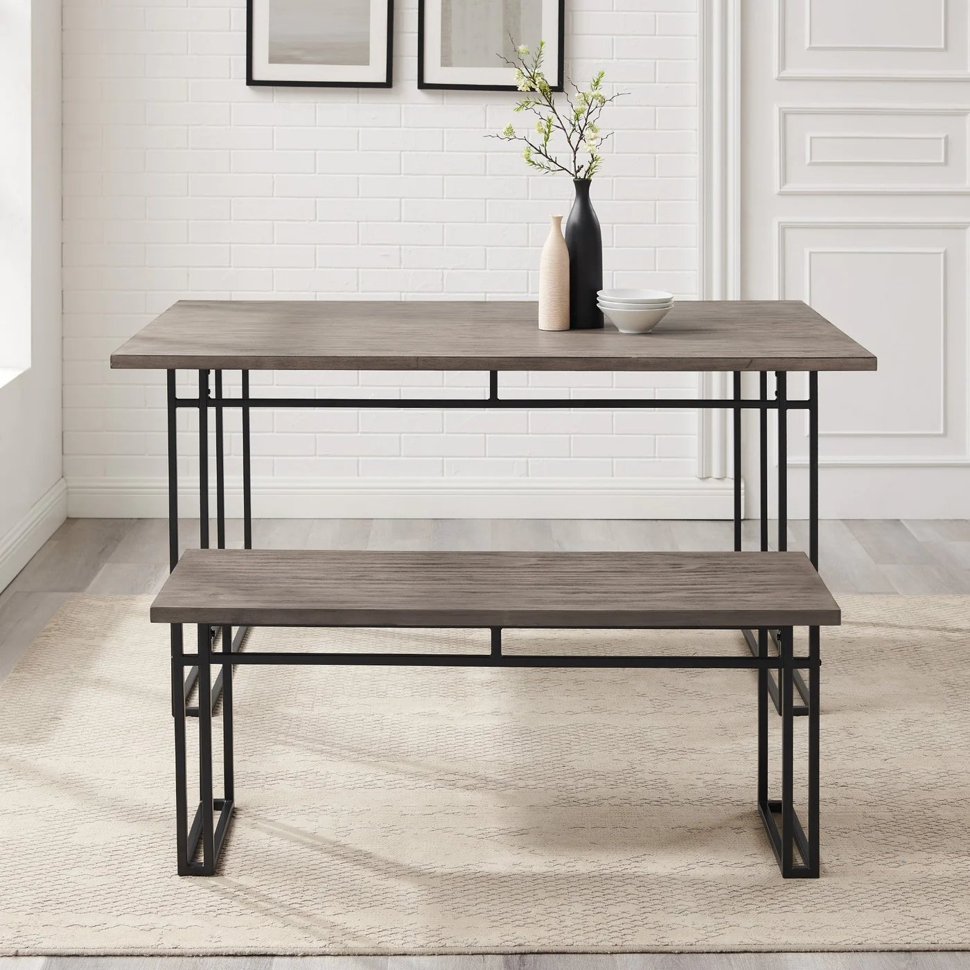Contemporary Dual-Metal Leg Solid Wood Veneer Dining Bench – Grey Hickory - Image 0