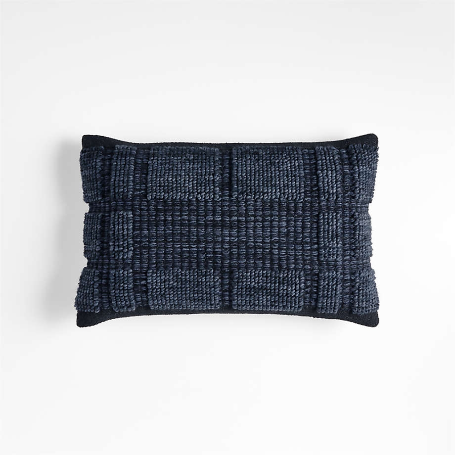 Lancaster 22"x15" Textured Cotton Deep Indigo Plaid Pillow with Feather Insert - Image 0