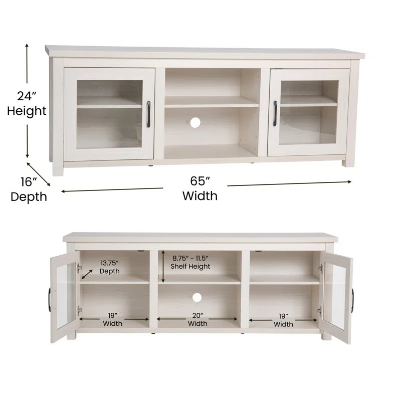Classic TV Stand Up To 80" Tvs - Gray Wash Oak Finish With Full Glass Doors  - 65" Engineered Wood Frame - 3 Shelves - Image 2