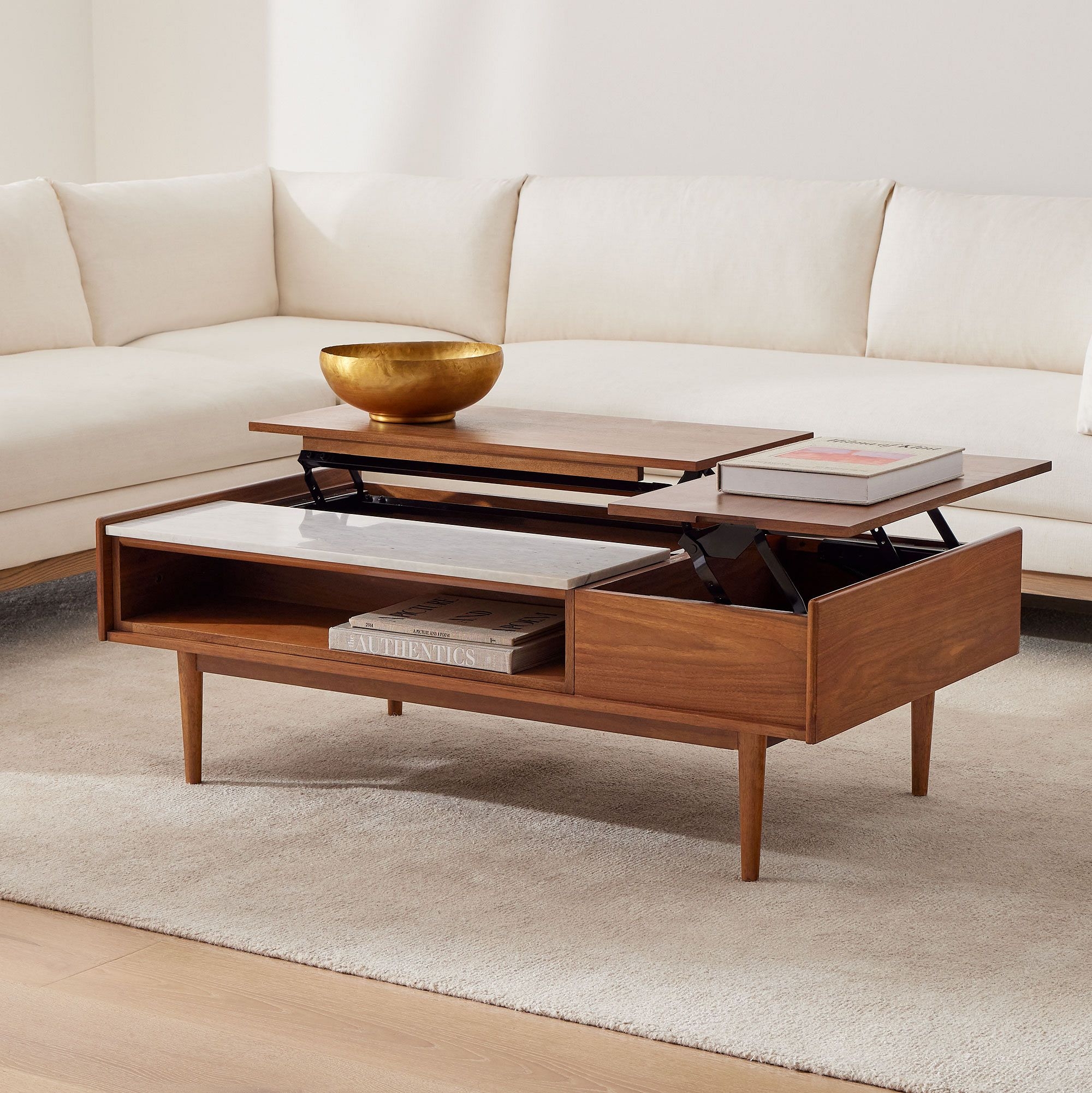 Mid-Century Double Pop Up 51" Coffee Table, Walnut, Marble - Image 0