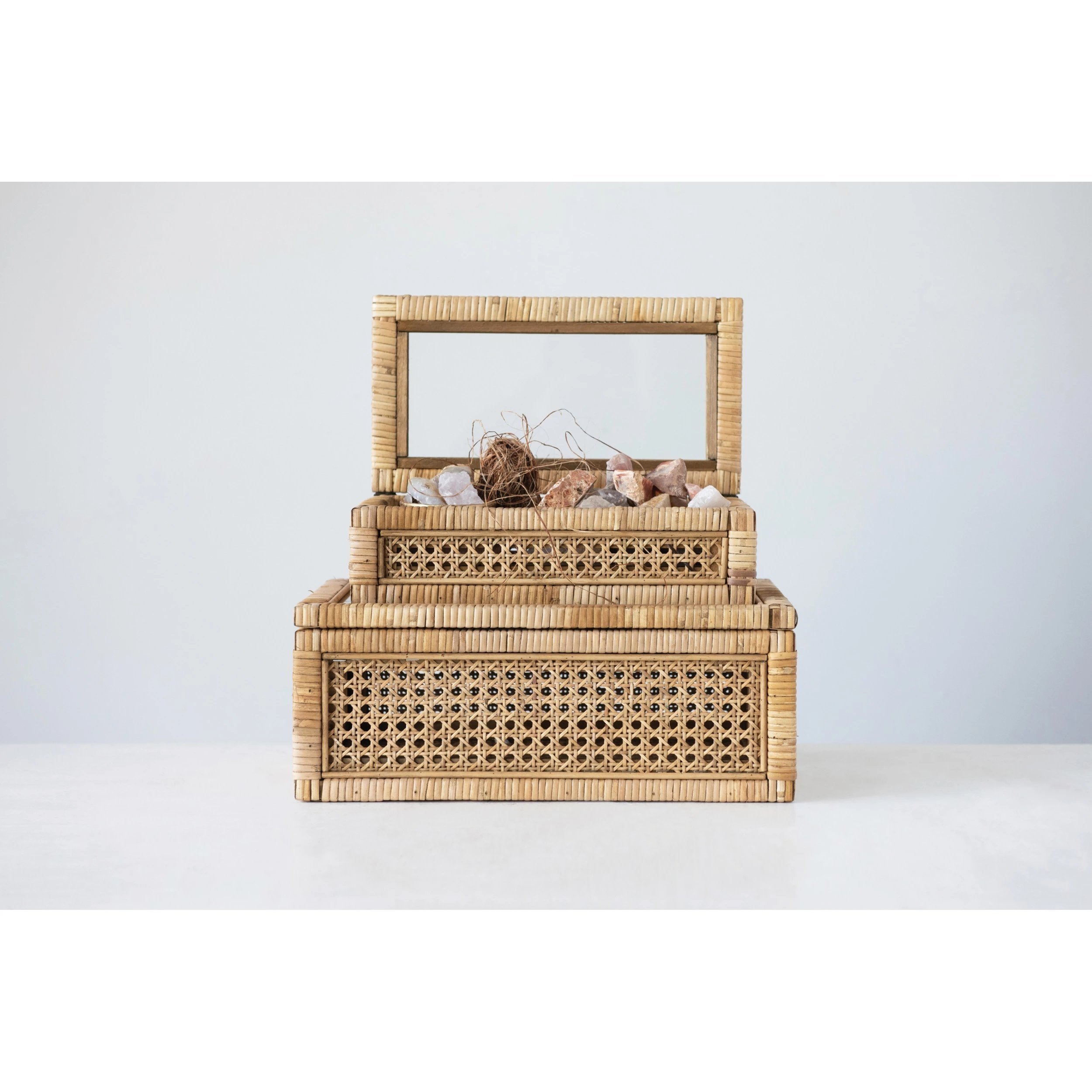 Woven Rattan Display Boxes with Glass Lids & Fir Wood Frame (Set of 2 Sizes) - Image 2