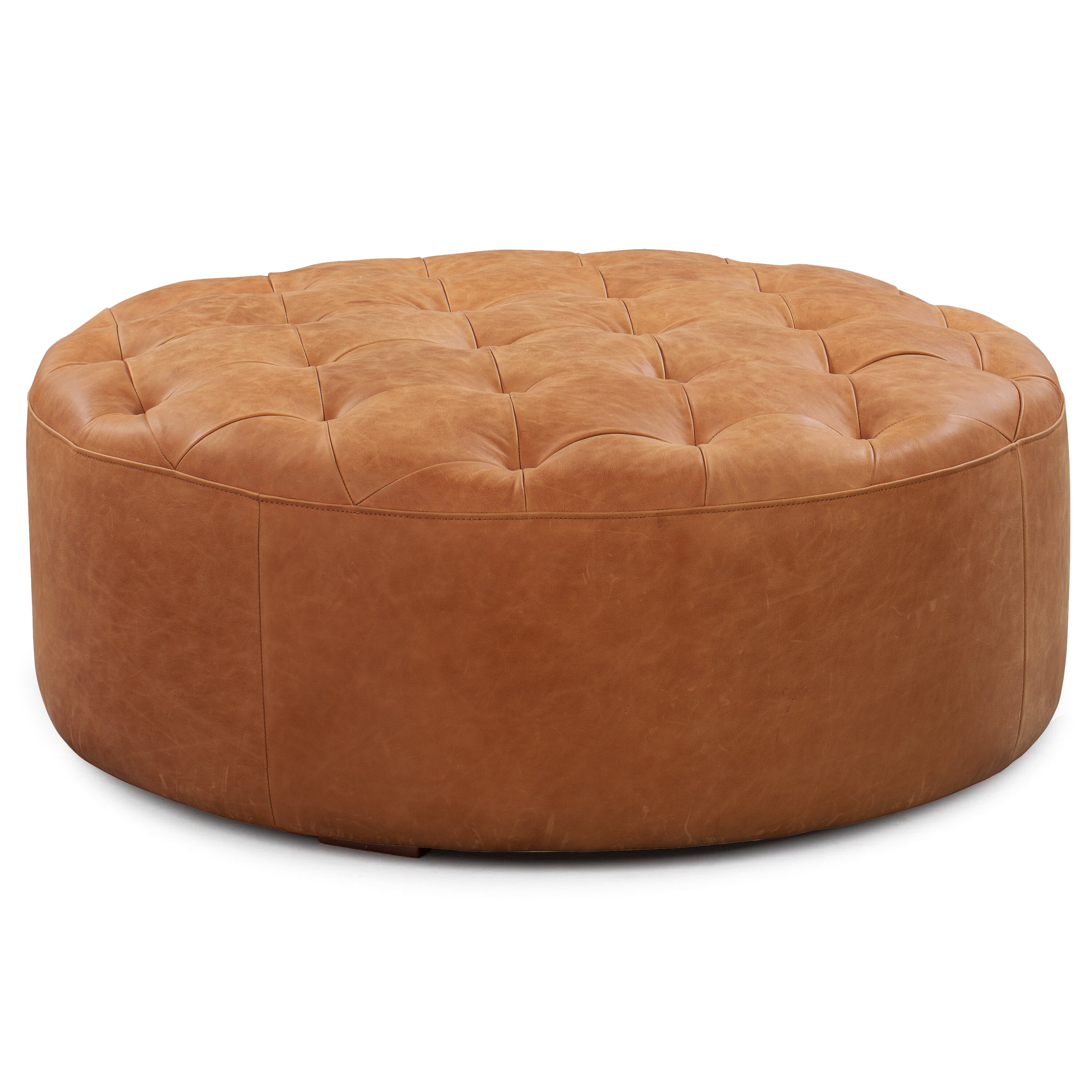 Gazit 40" Genuine Leather Tufted Round Cocktail Ottoman - Image 1