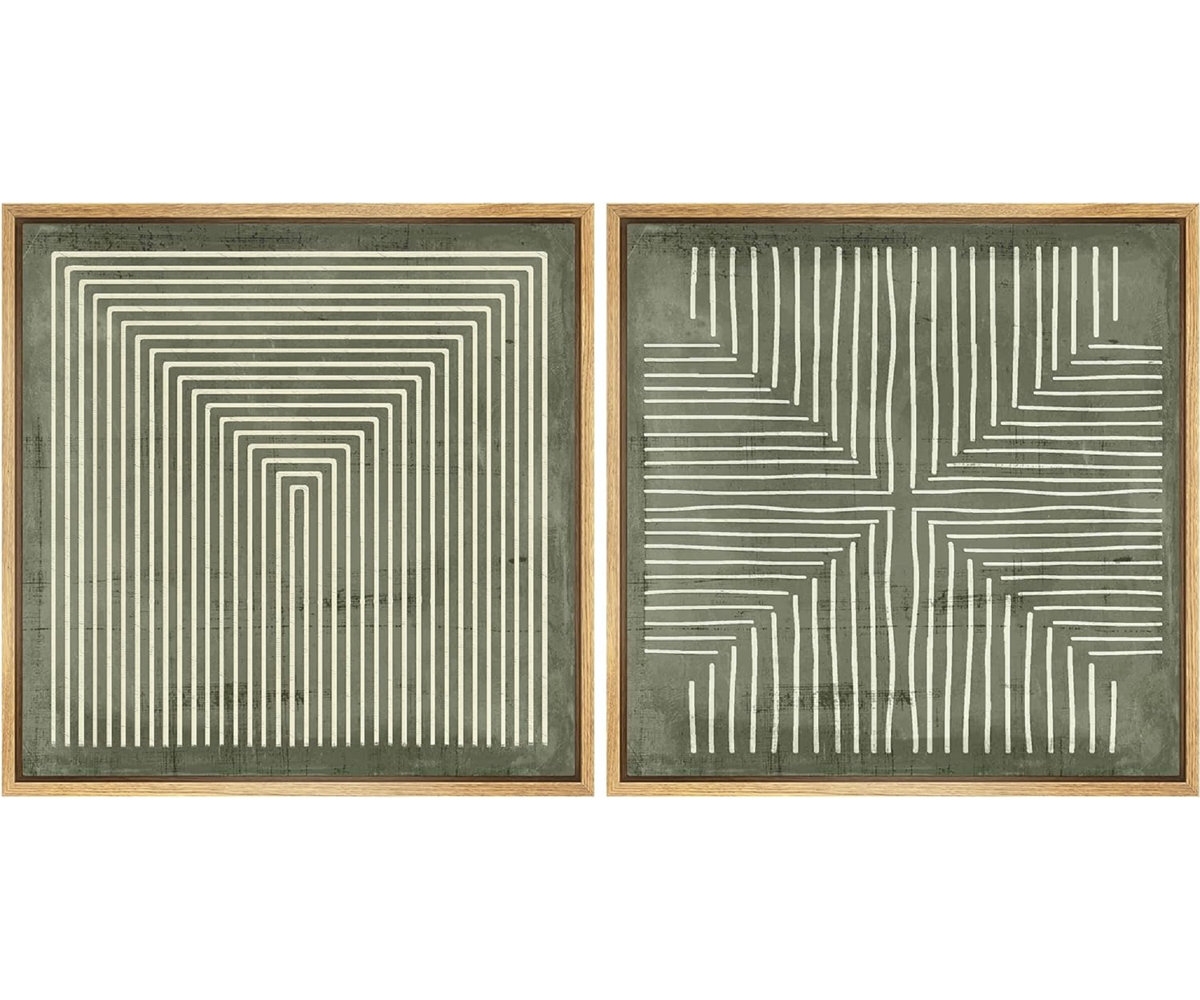Geometric Abstract Line Minimalist - Framed Canvas Master Bedroom Wall Art Work 2 Pieces Print - Image 0