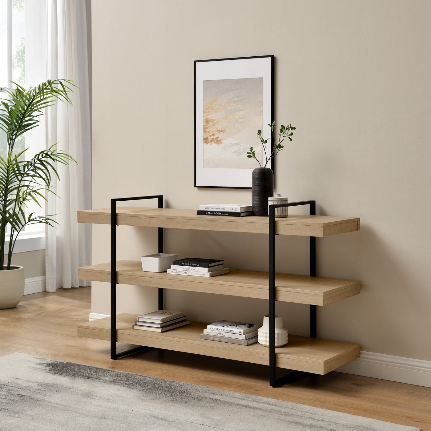 60" Modern Industrial Bookshelf - Coastal Oak/ Black - Image 0