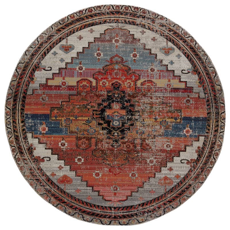 Cicero Indoor/ Outdoor Medallion Multicolor/ Orange Round Area Rug (7'10") - Image 0
