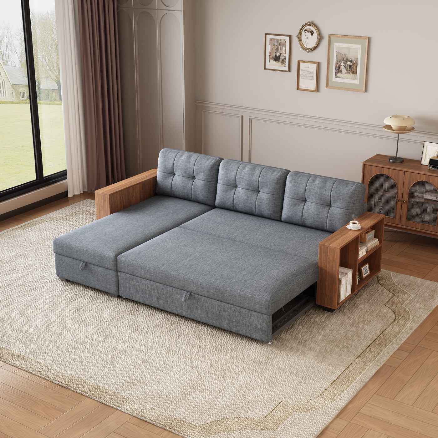 Contour & Co. | Linen Pull Out Sectional Sofa with Storage Chaise - Image 1