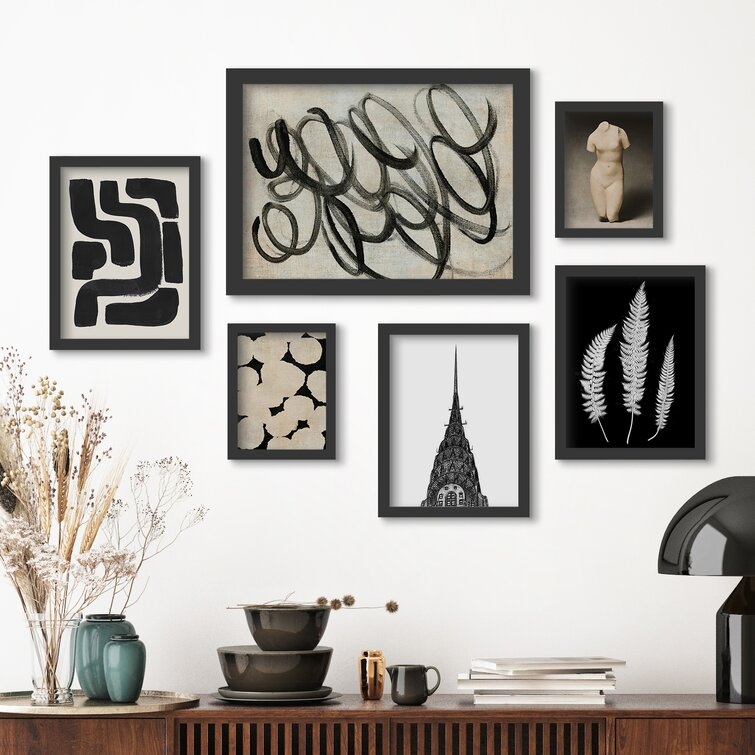 Monochromatic Ink Maze Building Scribble - 6 Piece Picture Frame Print Set on Paper BLACK FRAME - Image 0