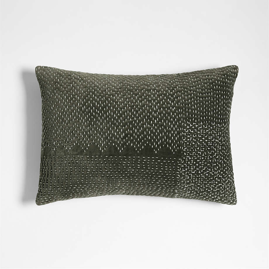 Sashiko Organic Cotton Velvet 22"x15" Burnt Green Throw Pillow with Feather Insert - Image 0