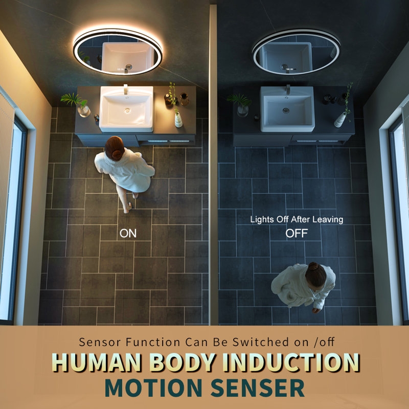 Balig Round Black Illuminated Dimmable LED Anti Fog Mirror Bathroom Vanity Mirror with Motion Sensing - Image 1