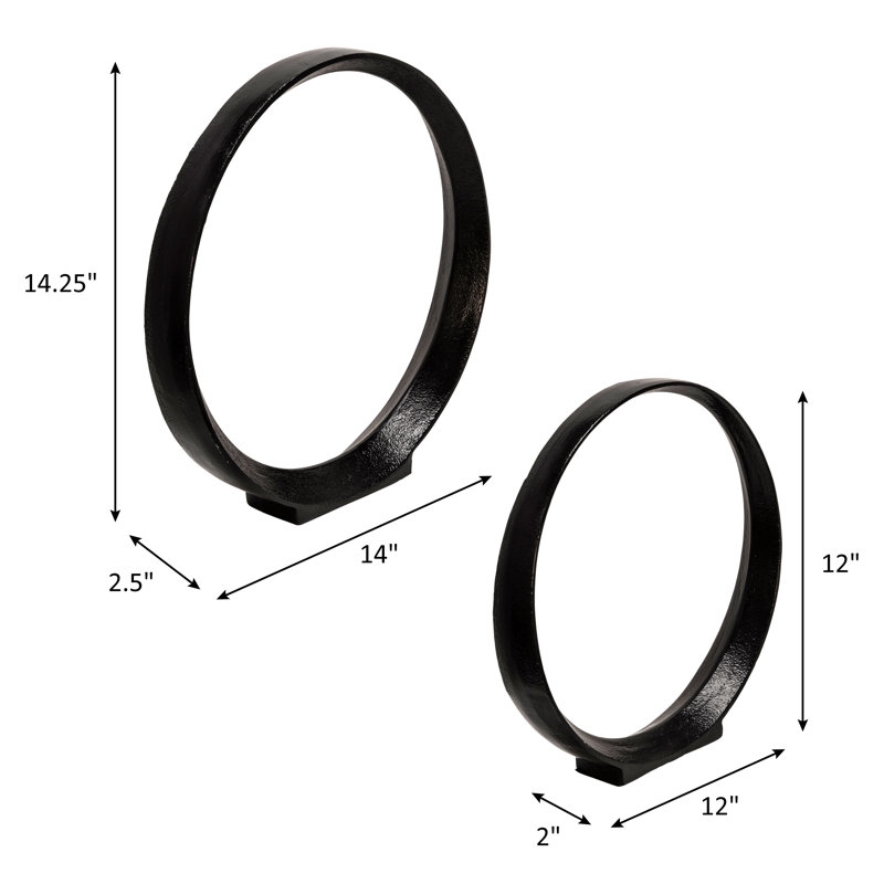 Set of 2 Metal Ring Sculptures - Modern Abstract Black Aluminum 12" and 14" Circular Sculpture - Image 3