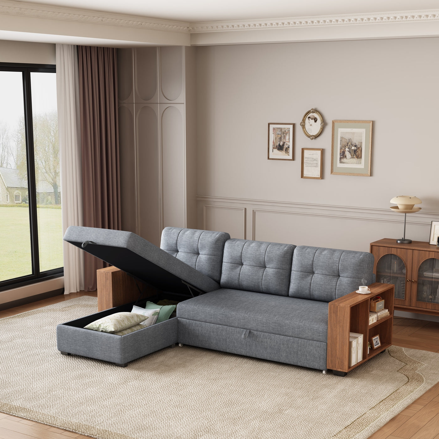 Contour & Co. | Linen Pull Out Sectional Sofa with Storage Chaise - Image 2