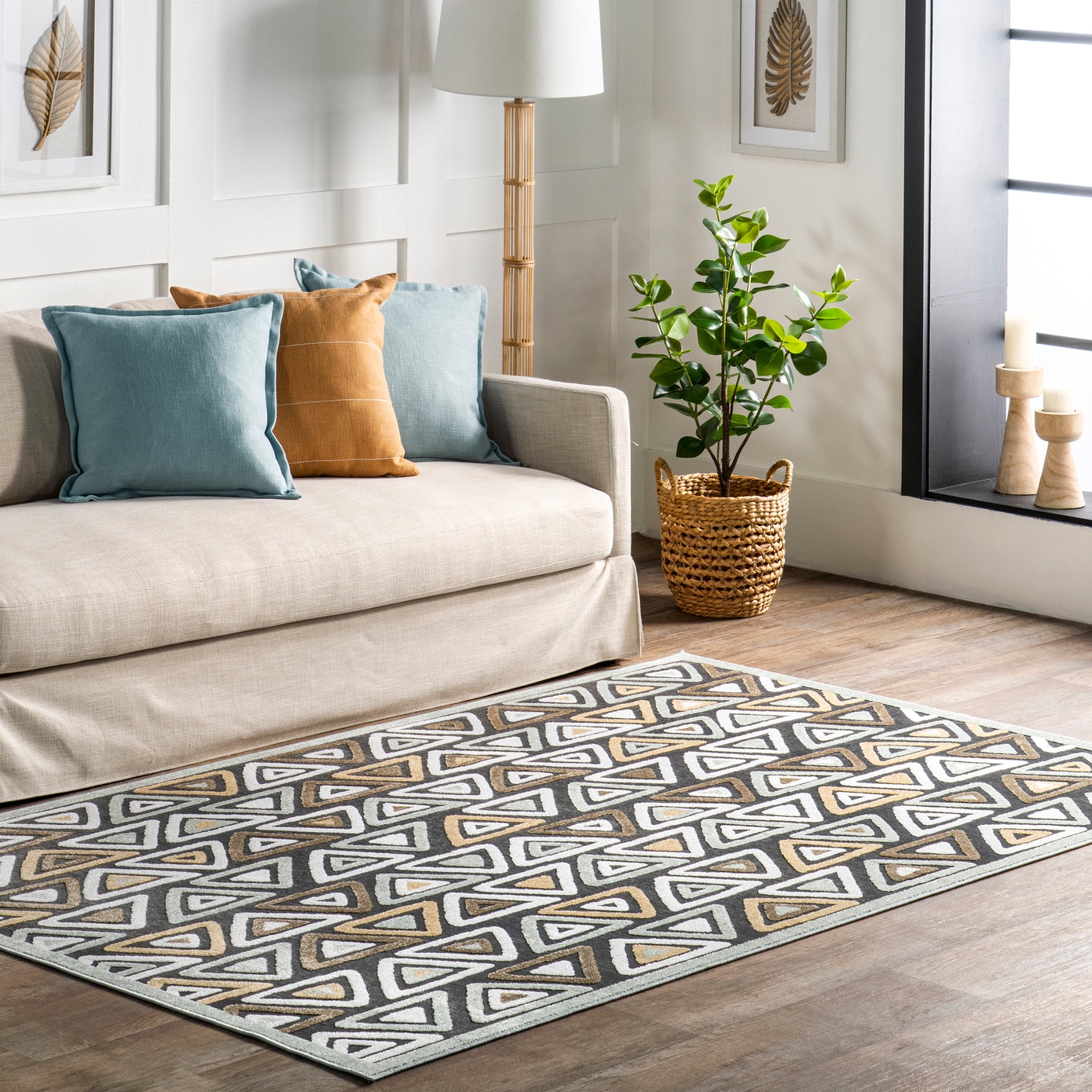 Aneka Striped Triangles Machine Washable Area Rug, Beige, 7' 3" x 9' - Image 1