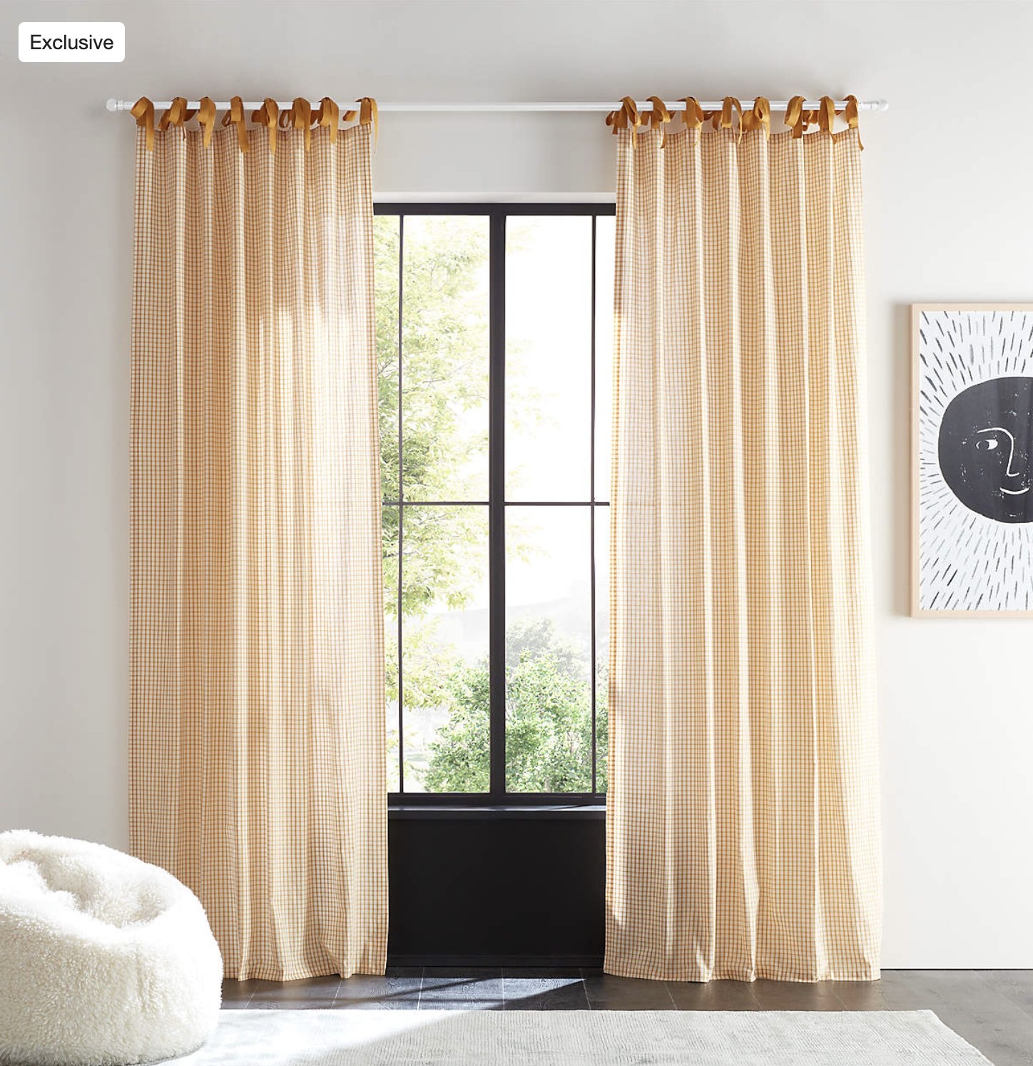 Yellow 100% Organic Cotton Windowpane Plaid Curtain Panel 44"x84" - Image 0