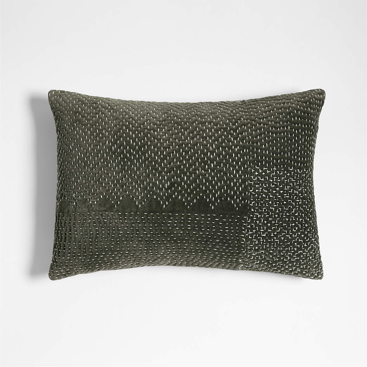 Sashiko Organic Cotton Velvet 22"x15" Burnt Green Throw Pillow Cover - Image 0