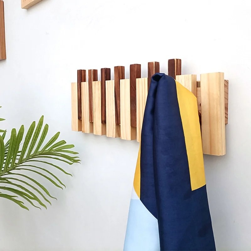 Wooden Coat Rack With 8 Flip-Down Hooks (Wood Color) - Image 3