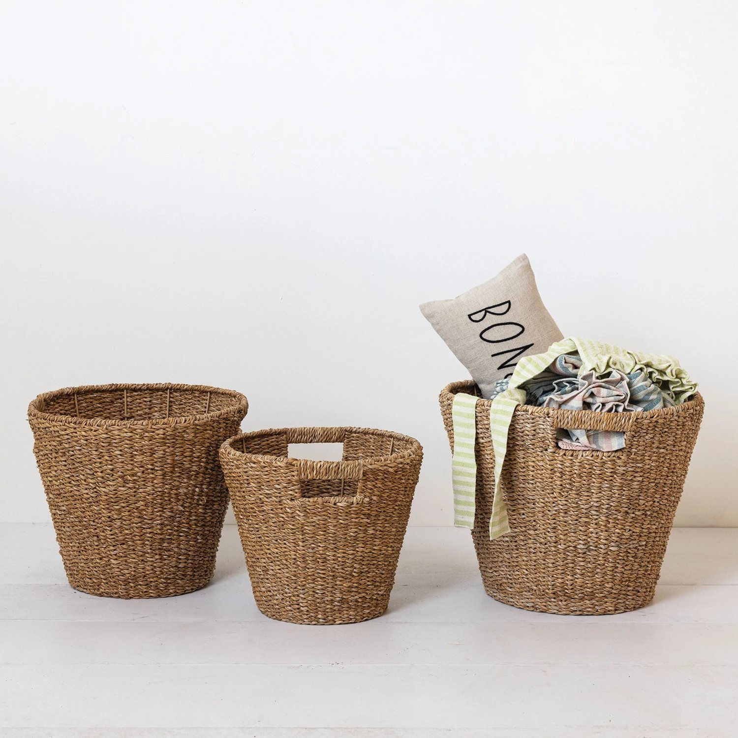 Hand-Woven Seagrass Baskets w/ Handles, Natural, Set of 3 - Image 2